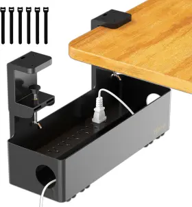 Hiree 744110609219 Under Desk Cable Management Tray With 6 Ac Power Outlet And Clamp Mount No Dril