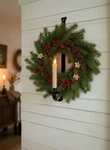 Primitive Colonial Hand Forged Iron Wall Mount Wreath & Taper Holder 18". Fixed Price $18.00.